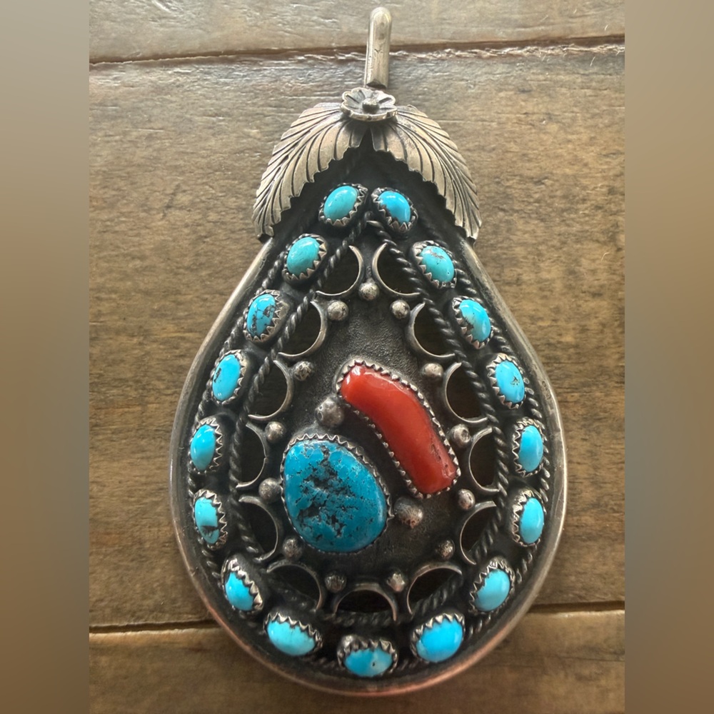 Vintage Native Navajo Handmade Huge Turquoise Coral SS Pendant Signed Al Joe